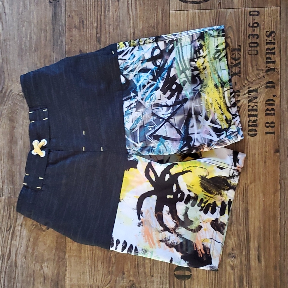 Wonder Nation, swim trunks, size medium 8, drawstring waist, black, multicolored